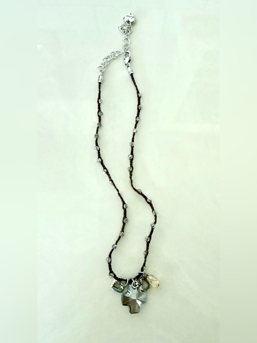 Brighton Brown Cord Necklace with Silver Star and Crystal Charms
